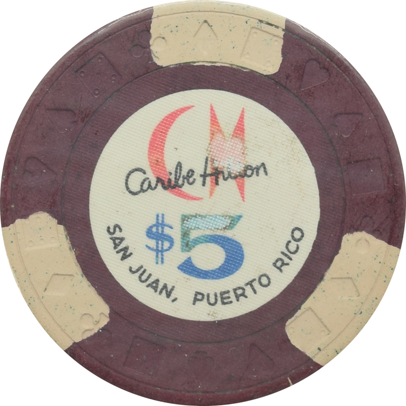 Caribe Hilton Casino San Juan Puerto Rico $5 Ewing 3 White Edge Spots Chip