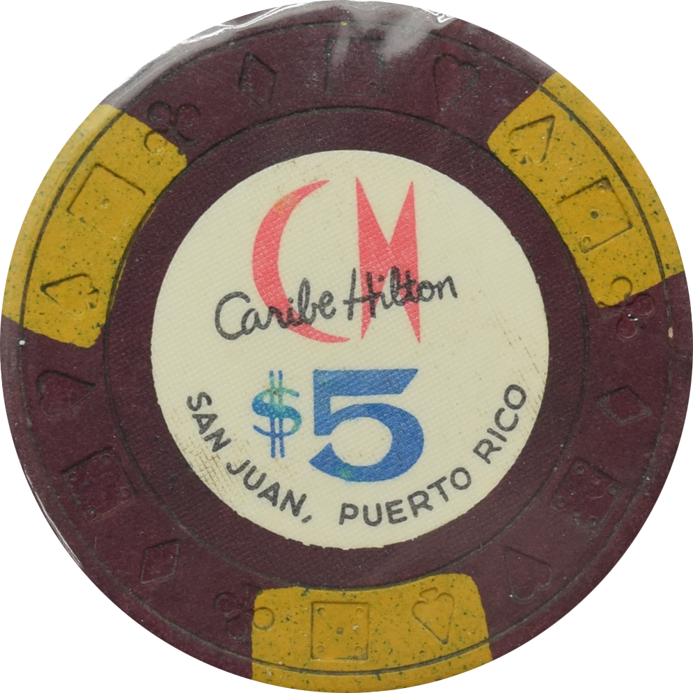 Caribe Hilton Casino San Juan Puerto Rico $5 Ewing 3 Mustard Edge Spots Chip