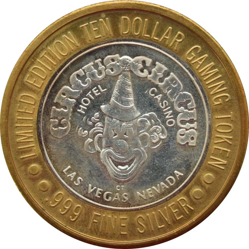 Circus Circus Casino Las Vegas "Dinosaur, Laser Tag" $10 Silver Strike .999 Fine Silver 1993