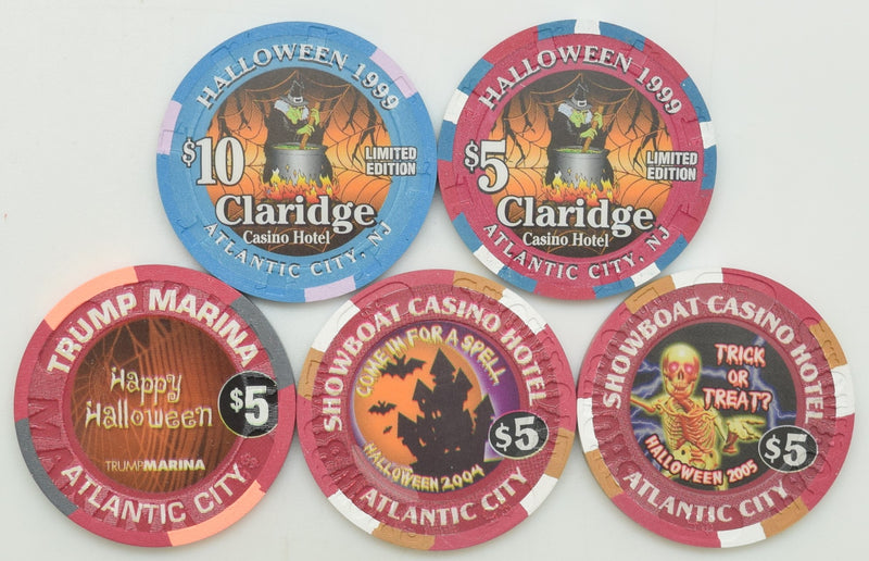 Claridge-Showboat-Trump Marina Casino Atlantic City New Jersey Set of 5 Halloween $5 & $10 Chips