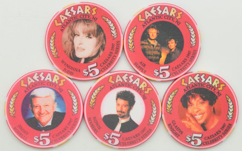 Caesars Casino Atlantic City New Jersey Set of 5 Celebrity Series $5 Chips