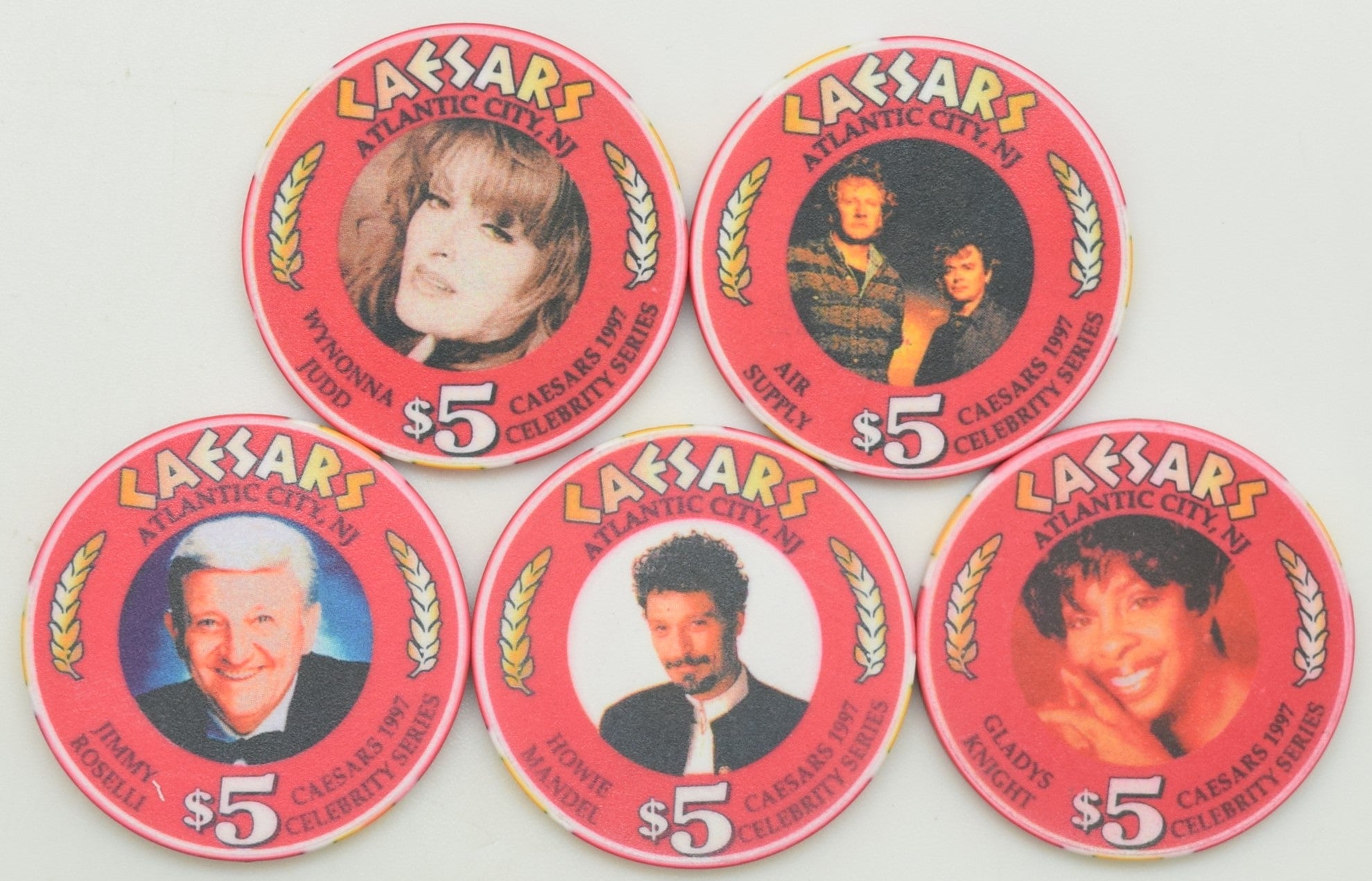 Caesars Casino Atlantic City New Jersey Set of 5 Celebrity Series $5 Chips