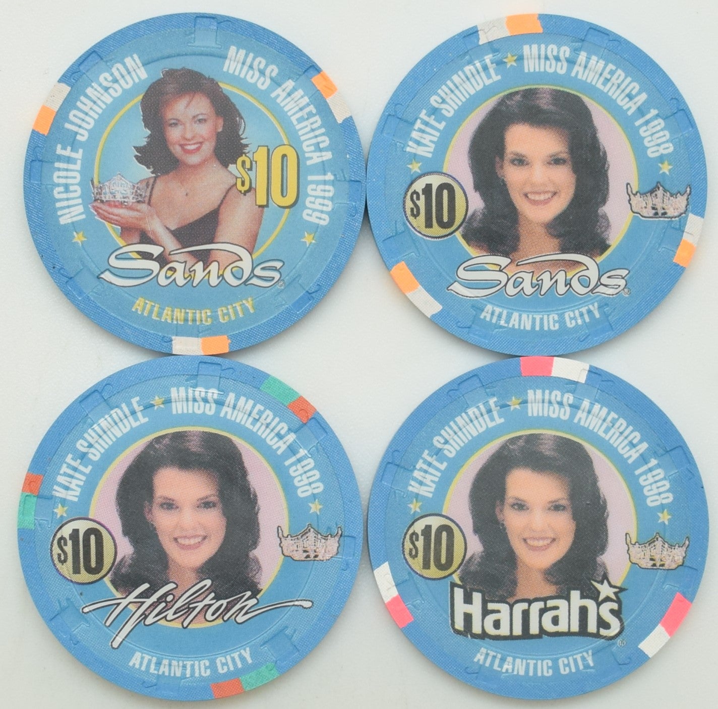 Harrah's-Hilton-Sands Casino Atlantic City New Jersey Set of 4 $10 Miss America Chips