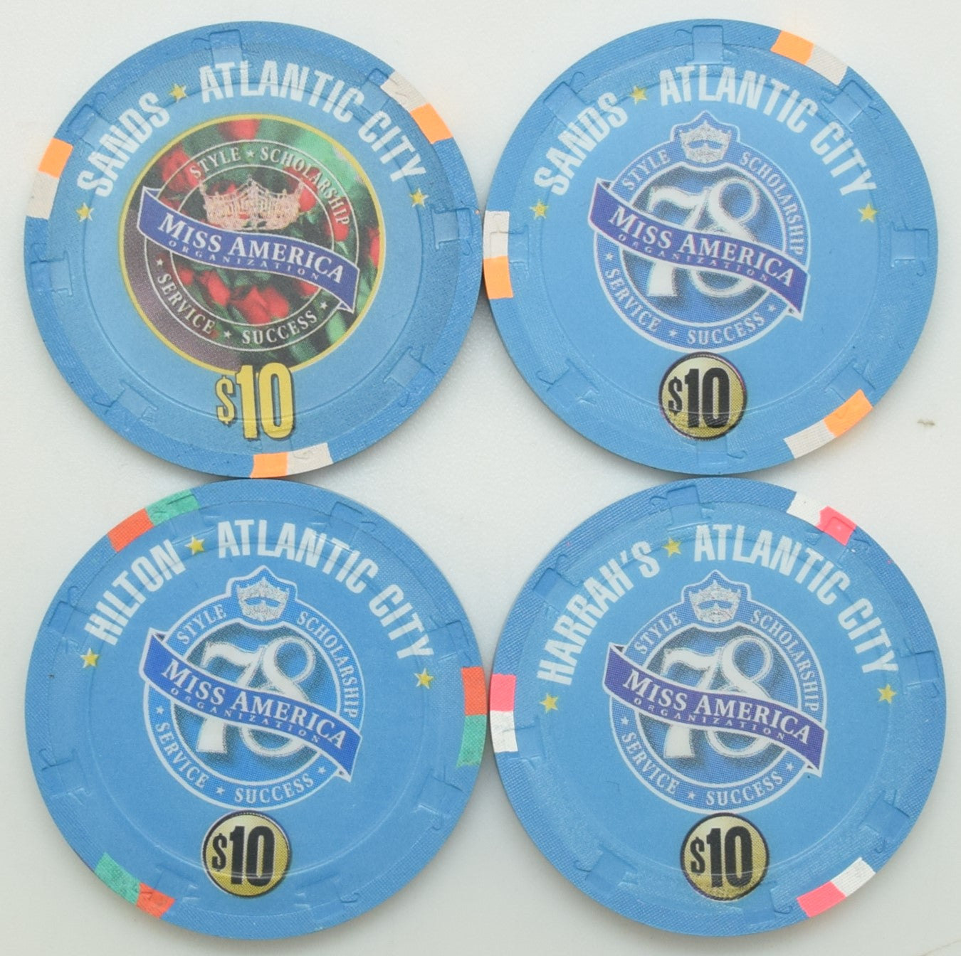 Harrah's-Hilton-Sands Casino Atlantic City New Jersey Set of 4 $10 Miss America Chips