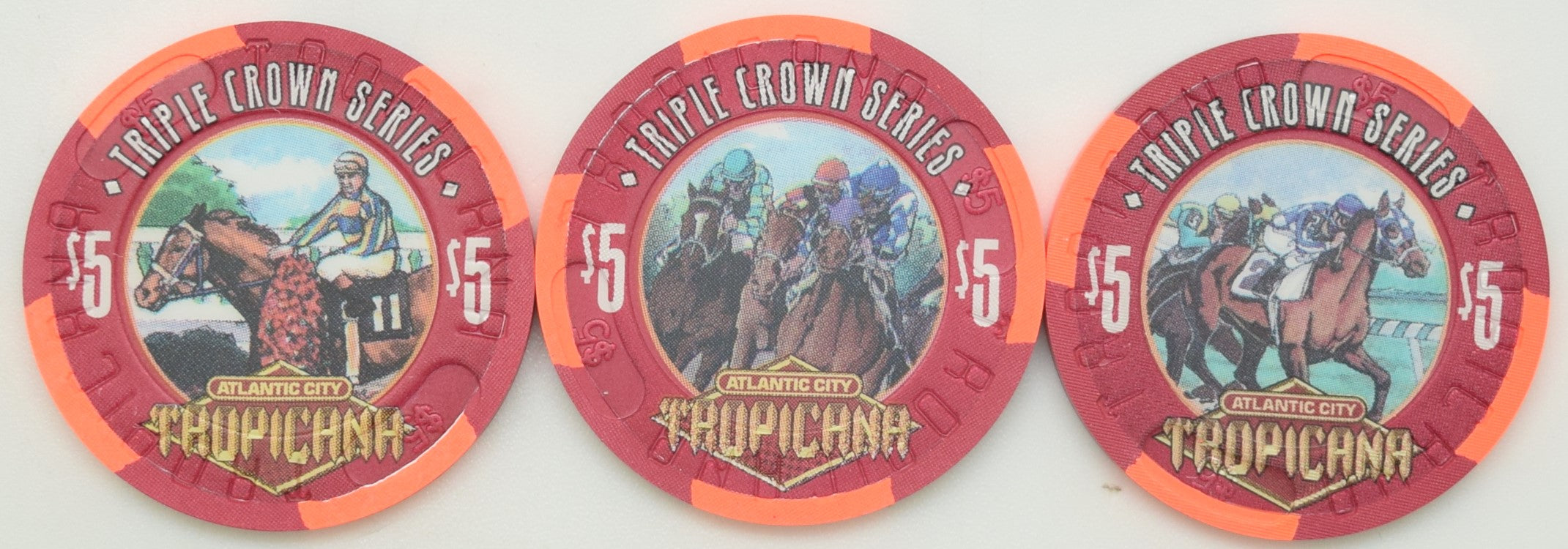 Tropicana Casino Atlantic City New Jersey Set of 3 $5 Triple Crown Series Chips