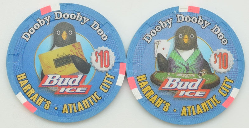 Harrah's Casino Atlantic City New Jersey Set of 2 $10 Bud Ice Penguin Chips