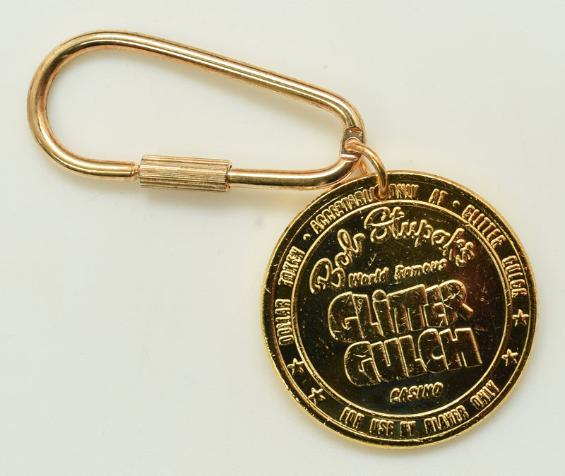 Glitter Gulch Casino Las Vegas Nevada Gold Keychain with Carrying Pouch