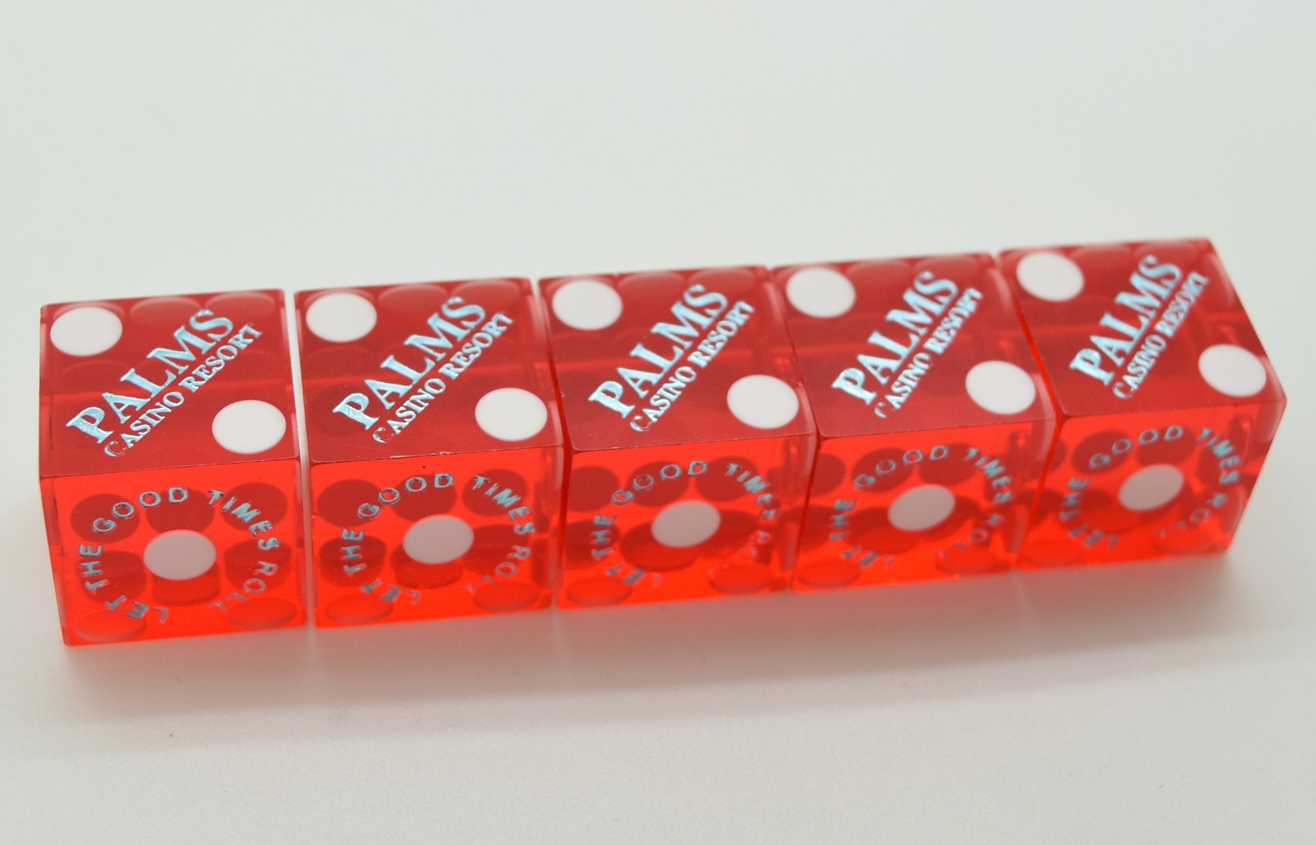 Palms Casino & Resort Used Light Red Las Vegas Casino Dice Stick of 5 Blue Text