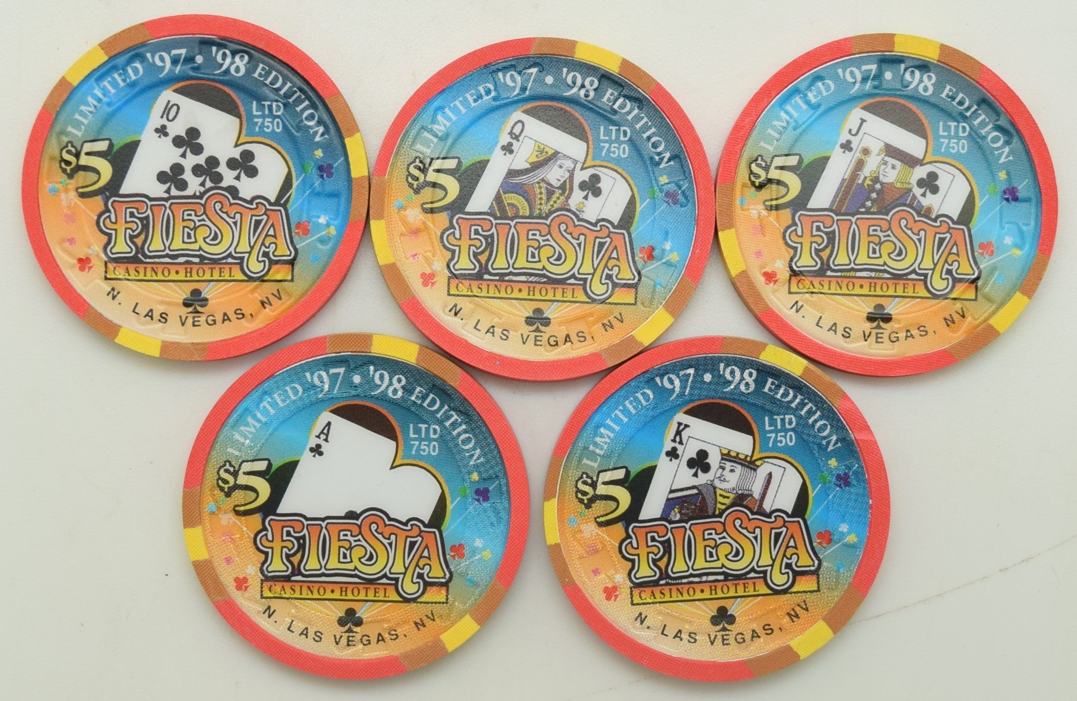 Fiesta Casino North Las Vegas Nevada Set of 5 Royal Flush of Clubs Chips 1997