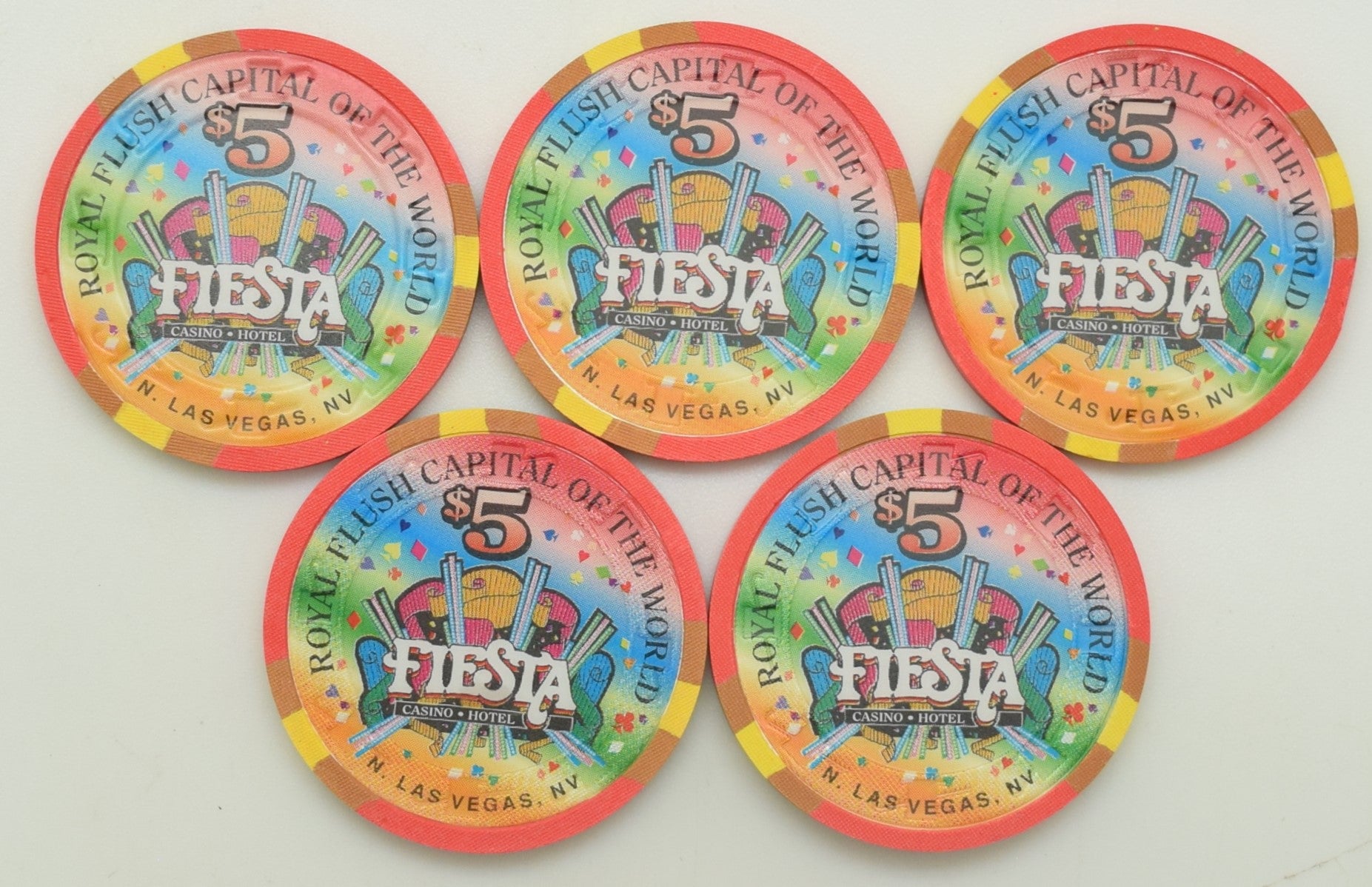 Fiesta Casino North Las Vegas Nevada Set of 5 Royal Flush of Clubs Chips 1997