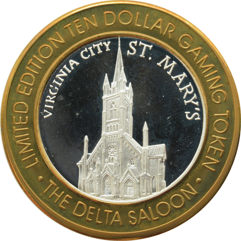 Delta Saloon (Club) Virginia City "St. Mary's Church" $10 Silver Strike .999 Fine Silver 1997