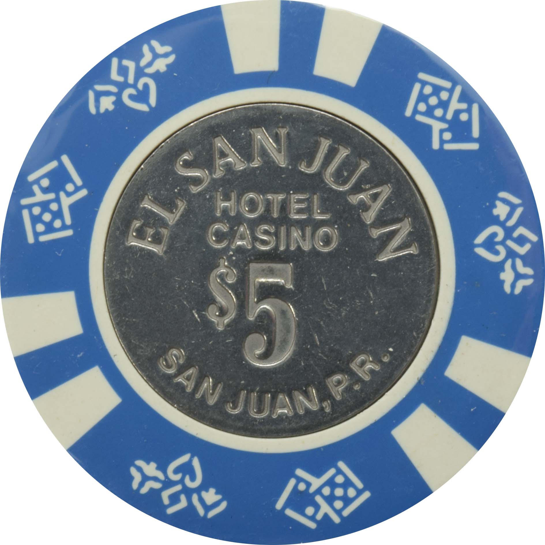 El San Juan Hotel Casino Isla Verde Puerto Rico $5 Blue Coin Inlay Chip