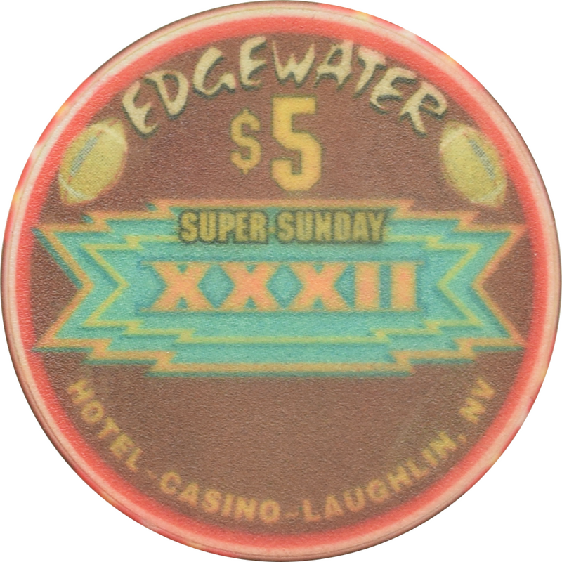 Edgewater Casino Laughlin Nevada $5 Football Super Sunday XXXII Chip 1998