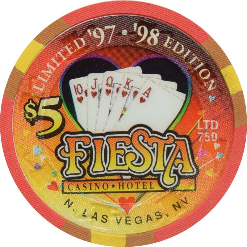 Fiesta Casino North Las Vegas Nevada $5 Royal Flush of Hearts Chip 1998