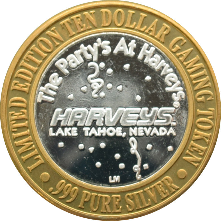 Harvey's Casino Lake Tahoe "The Party's At Harveys" $10 Silver Strike .999 Fine Silver 1995