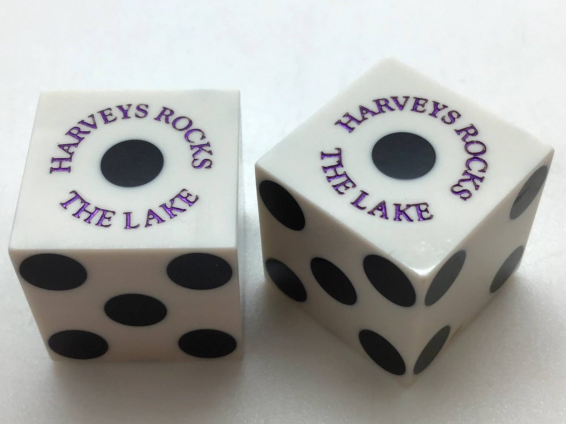 Harvey's Lake Tahoe Nevada White Dice Pair Purple Inlay