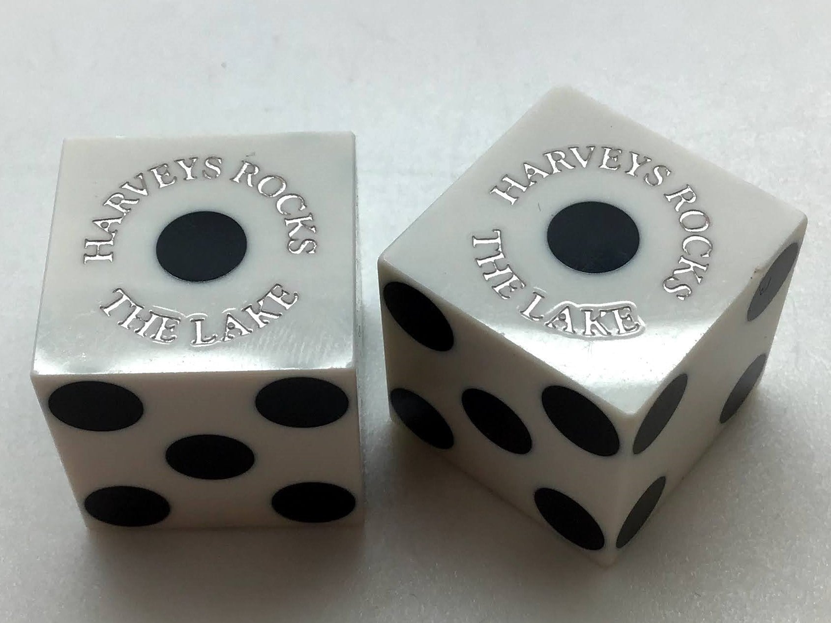 Harvey's Lake Tahoe Nevada White Dice Pair Silver Inlay