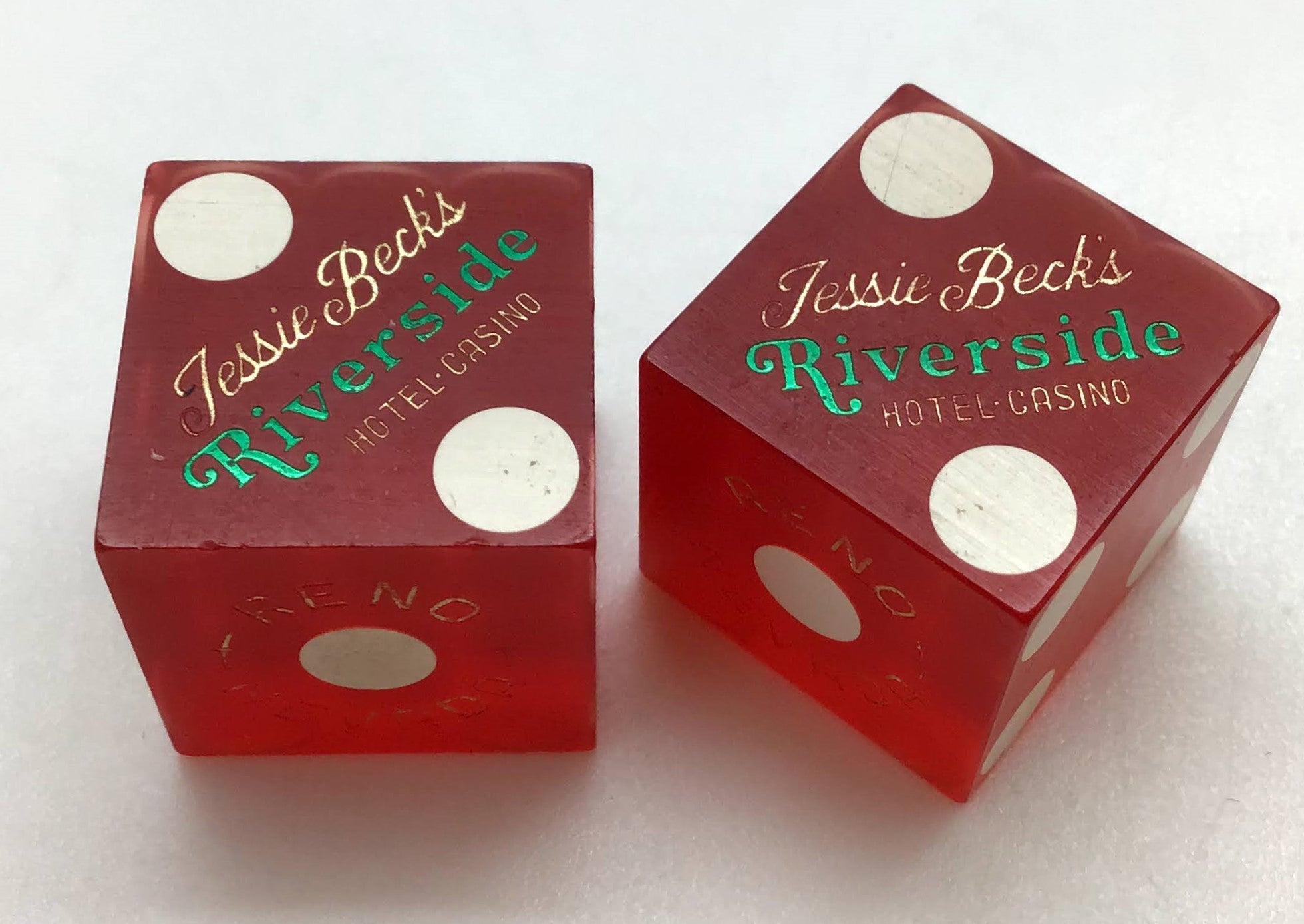 Jessie Beck's Riverside Hotel and Casino Reno Nevada Dice Pair Red