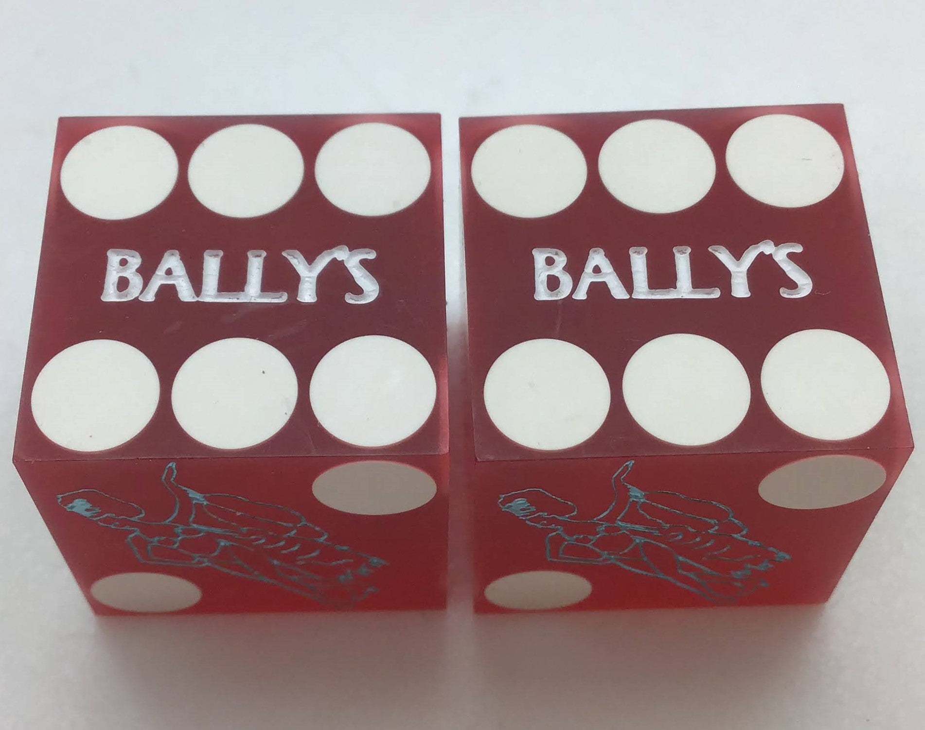 Ballys Casino Las Vegas Sanded Red Jubilee Dancer Dice Pair Matching Logo