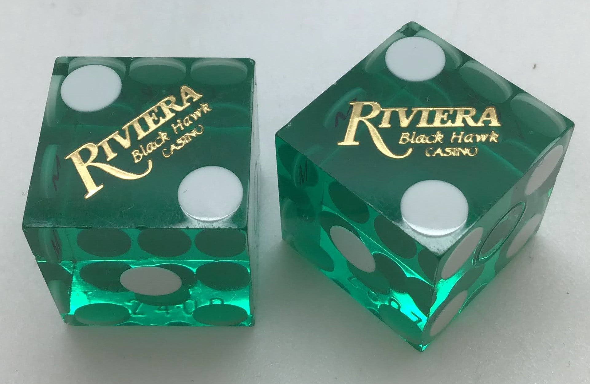 Riviera Hotel and Casino Black Hawk Colorado Green Dice Pair Matching Logo