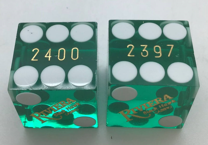 Riviera Hotel and Casino Black Hawk Colorado Green Dice Pair Matching Logo