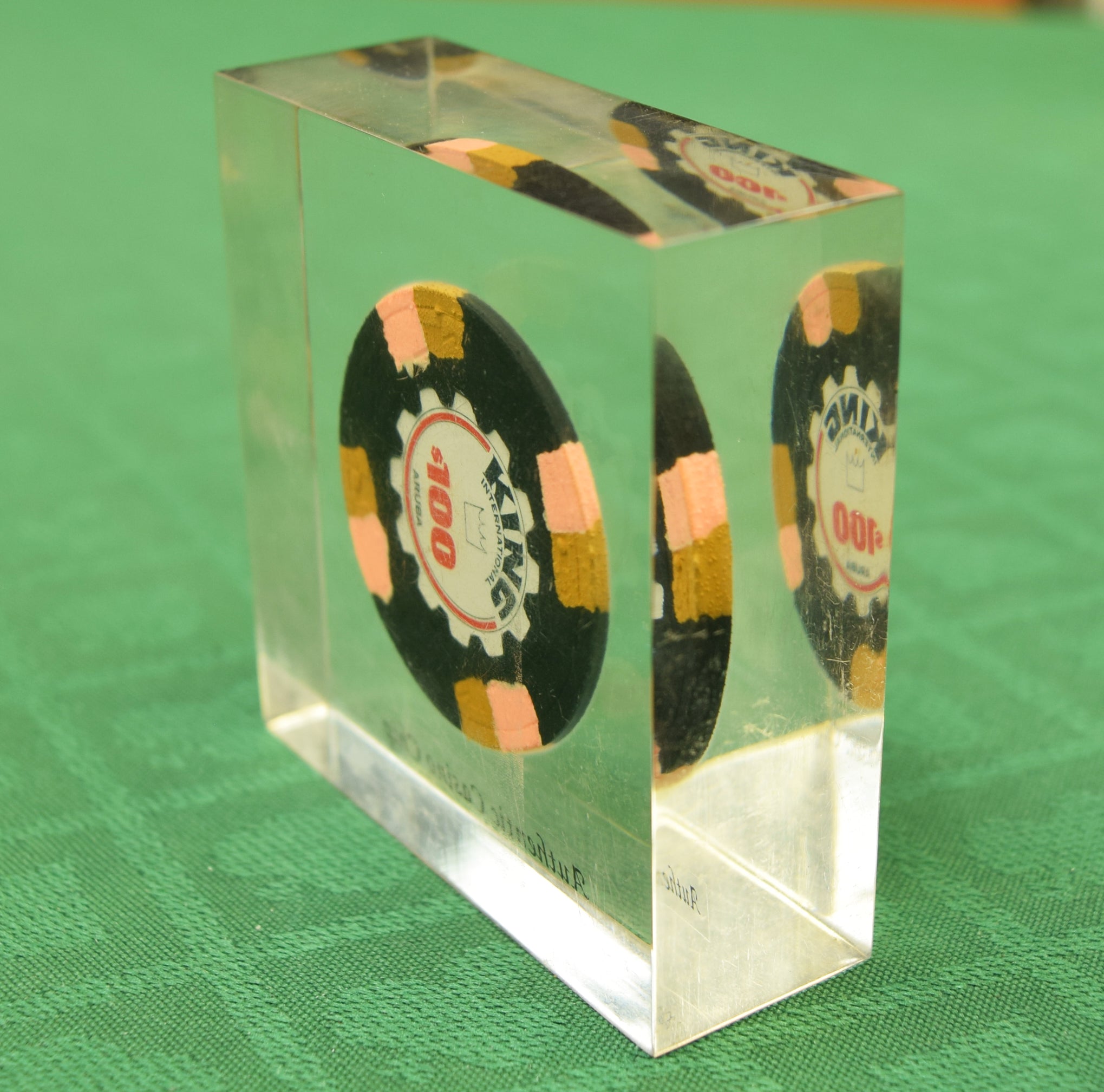 King International Casino Aruba $100 Chip in Lucite Paperweight