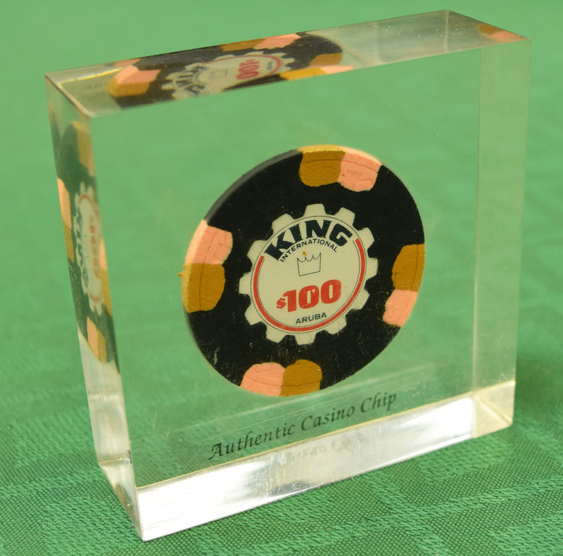King International Casino Aruba $100 Chip in Lucite Paperweight