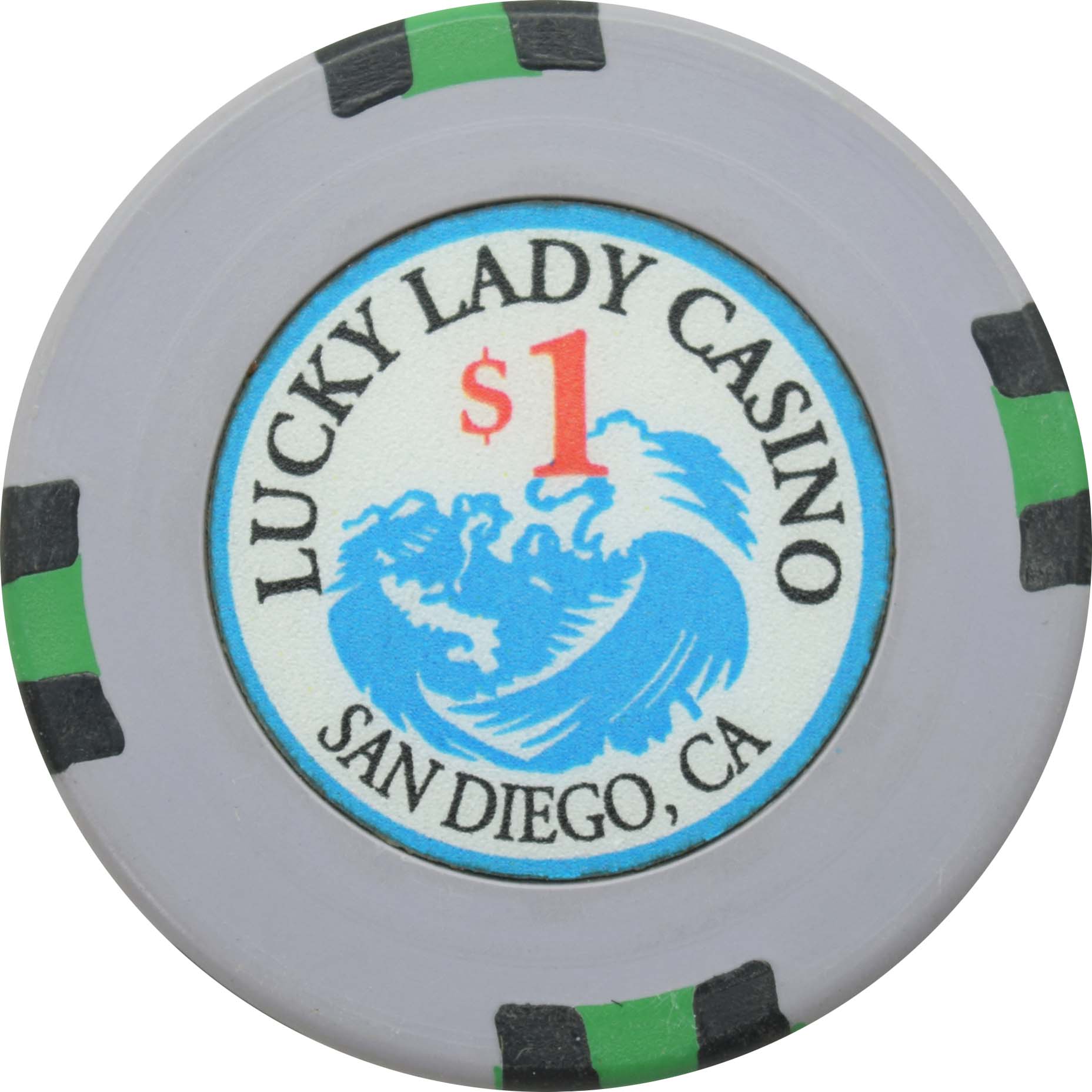 Lucky Lady Cardroom San Diego California $1 with Green Edgespots Chip