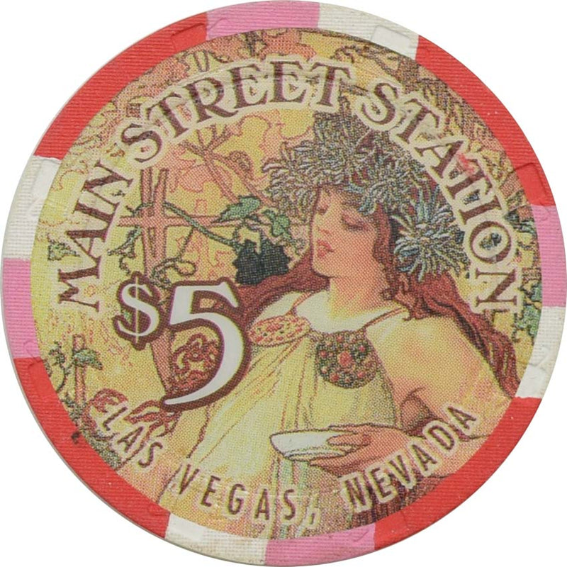 Main Street Station Casino Las Vegas Nevada $5 Mucha, White Bowl Chip 1997