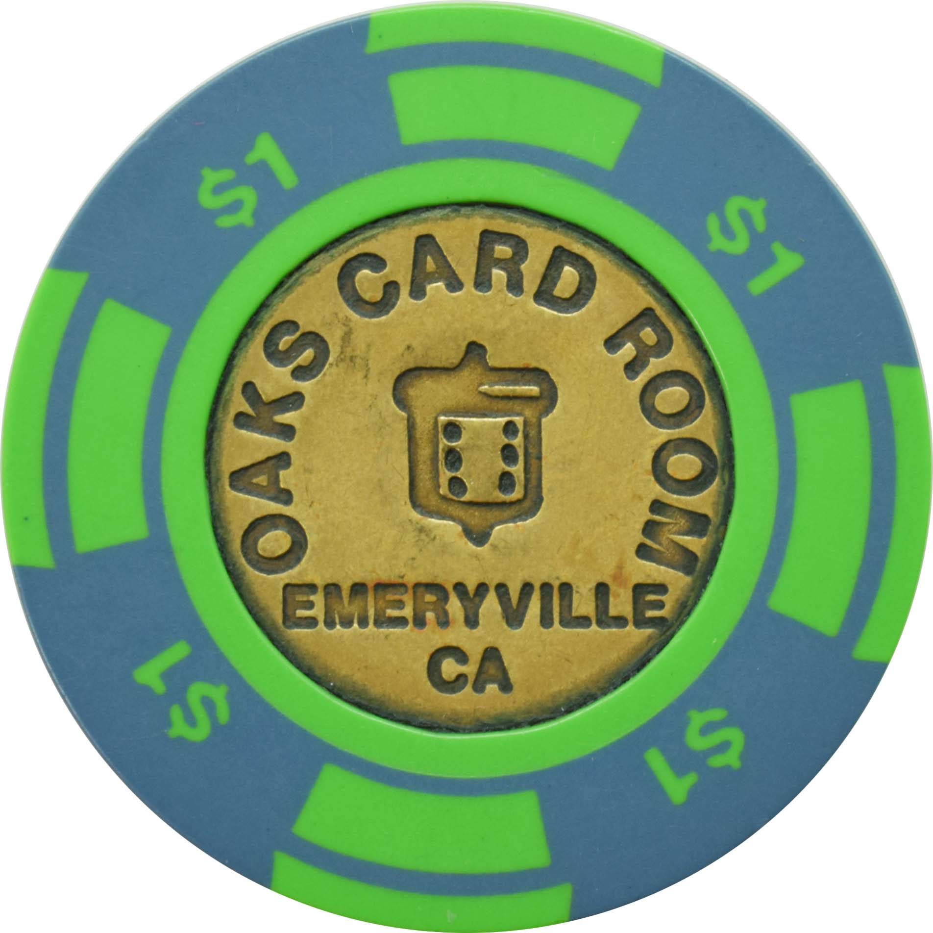 Oaks Card Club Casino Emeryville California $1 Brass Inlay Chip