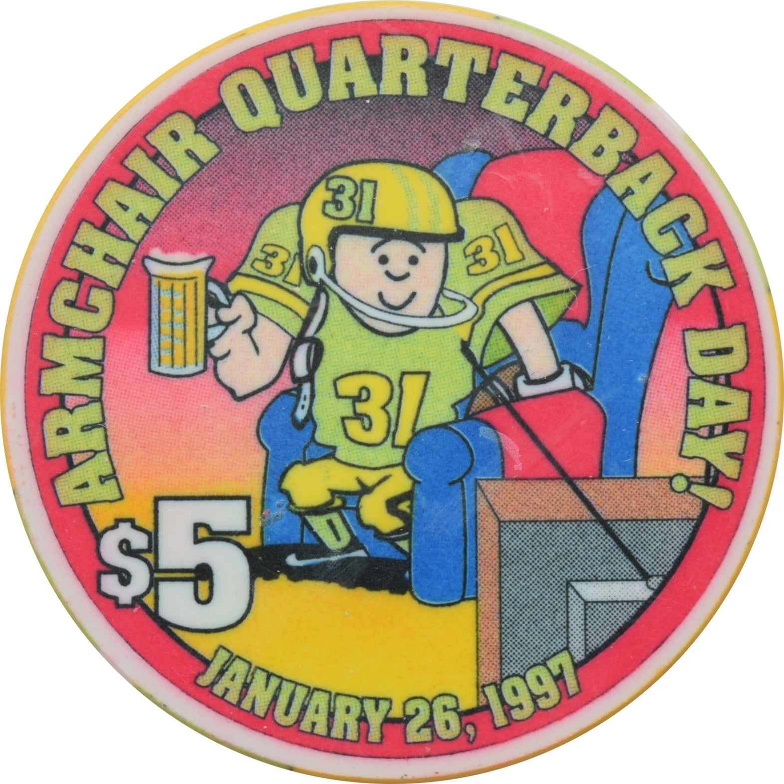 Opera House Casino N. Las Vegas Nevada $5 Chip Armchair Quarterback 1997