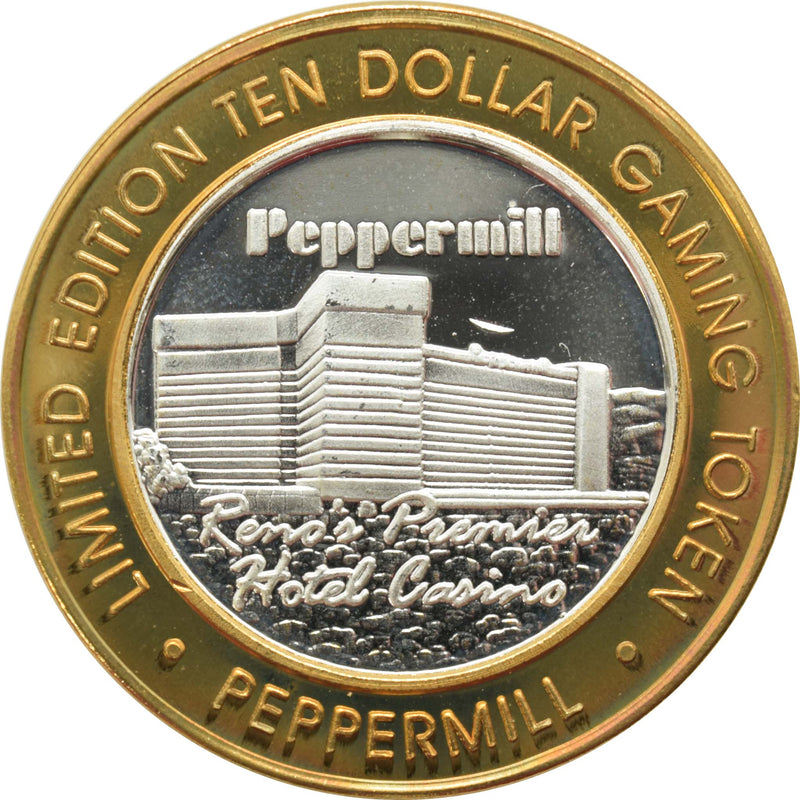Peppermill Casino Reno "Peppermill Casino Building" $10 Silver Strike .999 Fine Silver 1998