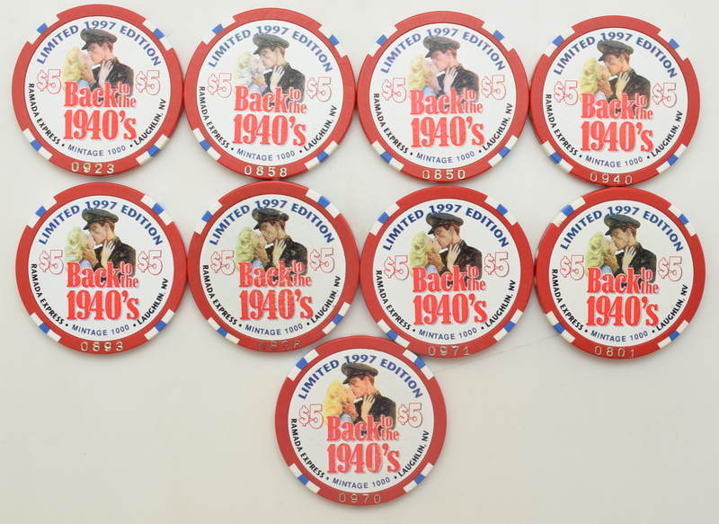 Ramada Express Casino Laughlin Nevada Set of 9 Back to the 1940's $5 Commemorative Chips