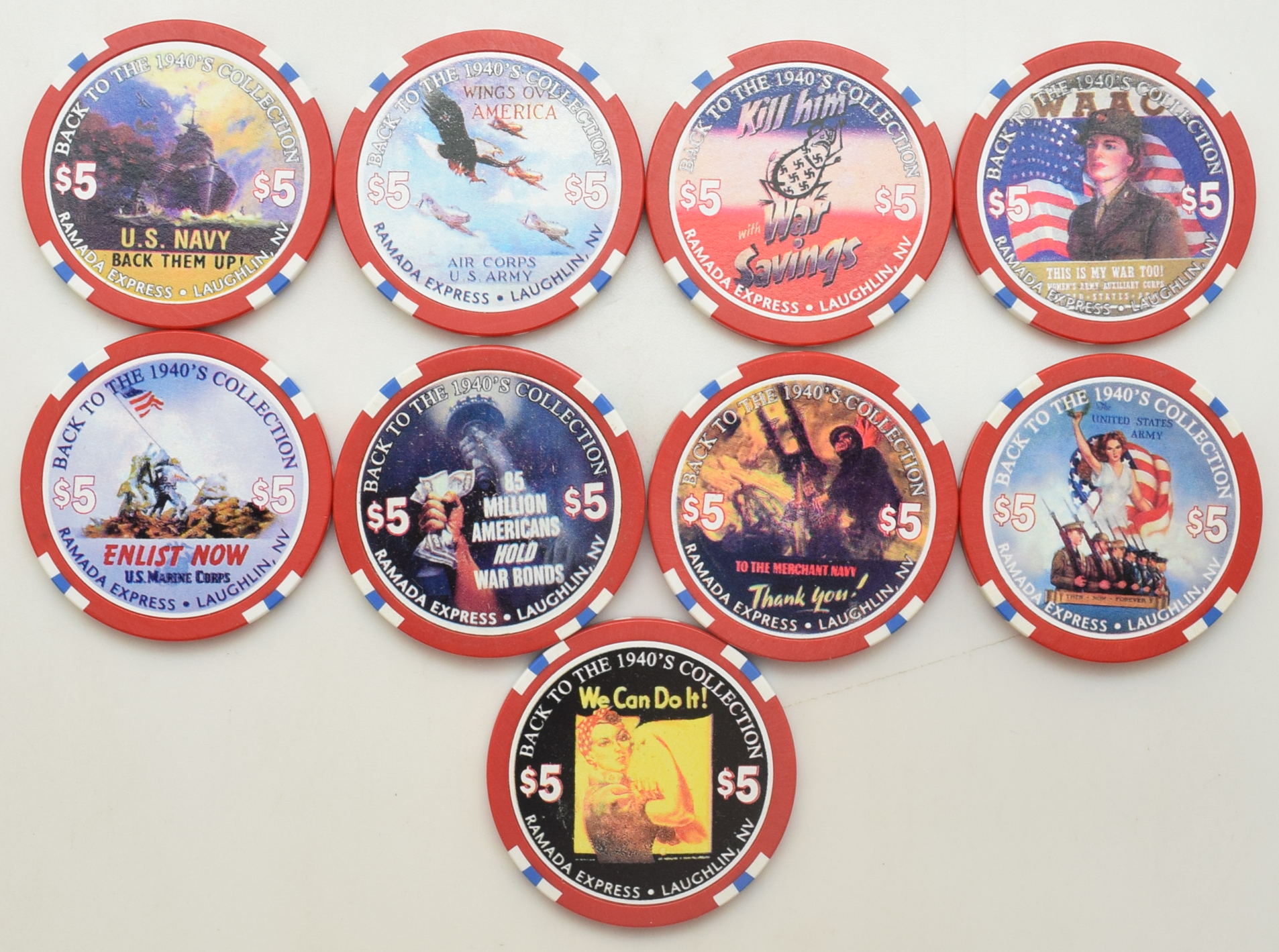 Ramada Express Casino Laughlin Nevada Set of 9 Back to the 1940's $5 Commemorative Chips