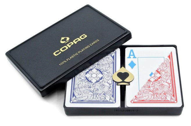 Copag Legacy 4-Color Red/Blue Poker Size 2 Deck Setup with Protective Display Case