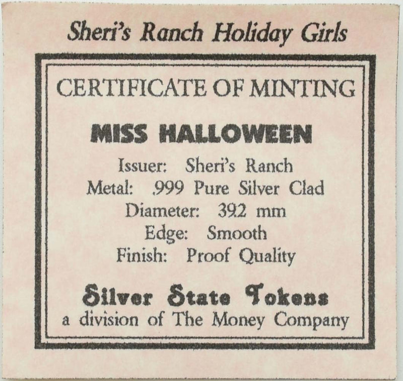 Sheri's Ranch Brothel Pahrump Nevada .999 Silver Clad "Miss Halloween" Silver State Token