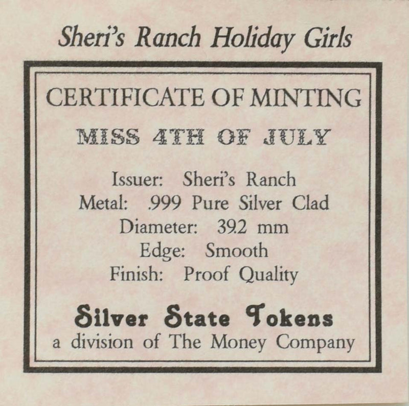 Sheri's Ranch Brothel Pahrump Nevada .999 Silver Clad "Miss 4th of July" Left Facing Silver State Token