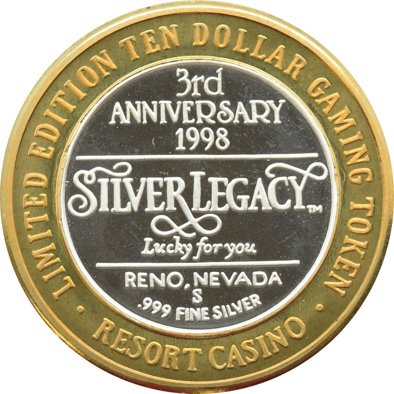 Silver Legacy Casino Reno "3rd Anniversary, Mining Machine" $10 Silver Strike .999 Fine Silver 1998