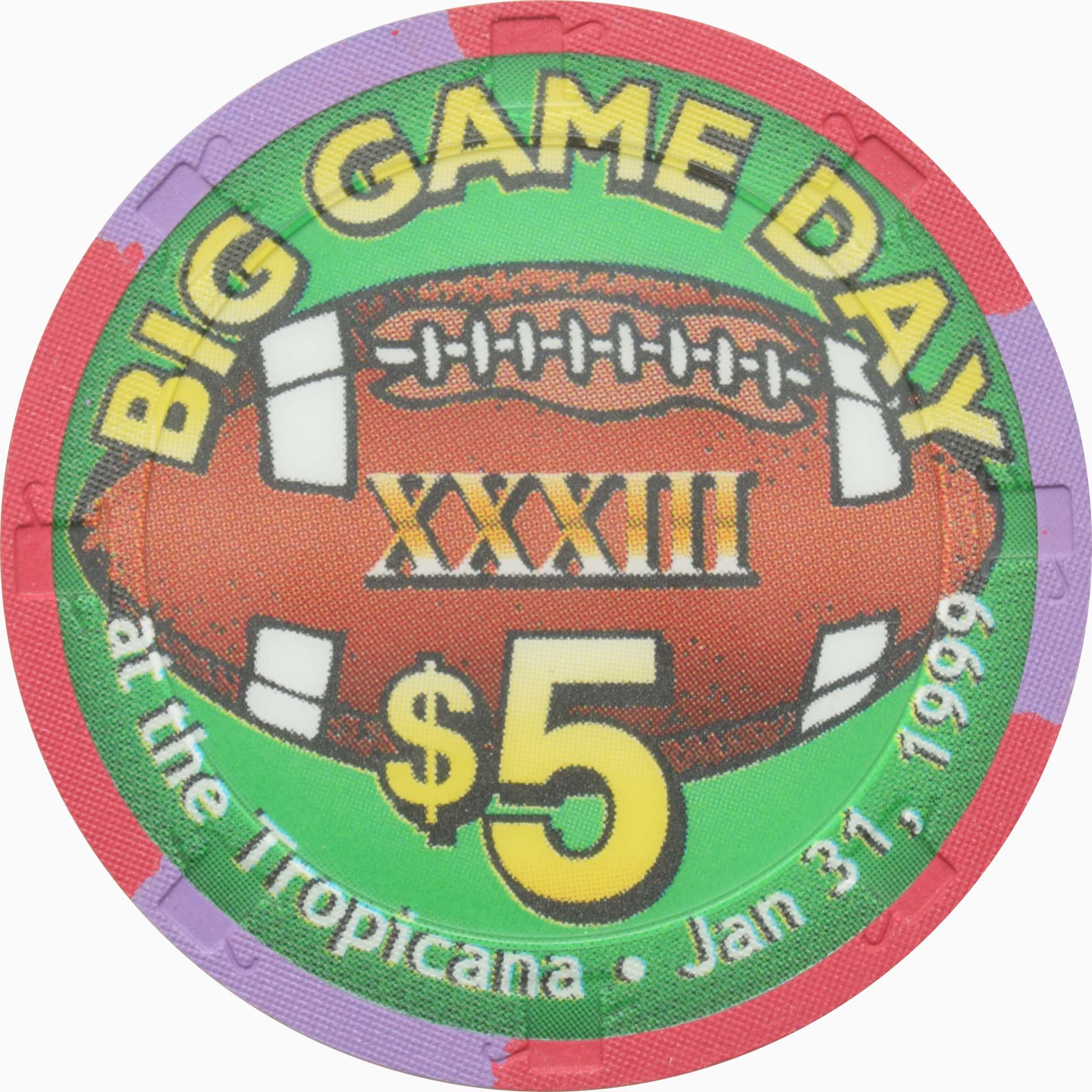 Tropicana Casino Las Vegas Nevada $5 Big Game Day Football XXXIII Chip 1999