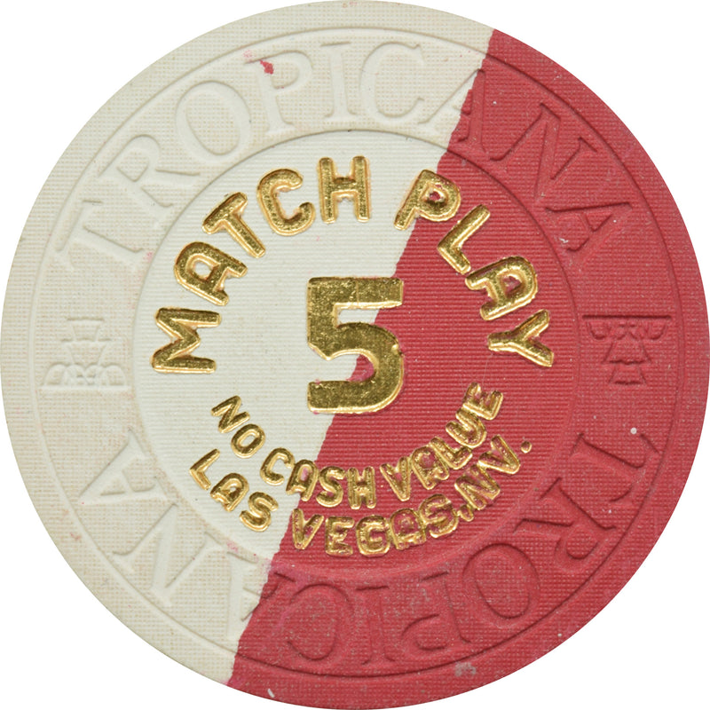 Tropicana Casino Las Vegas Nevada $5 Match Play NCV Red/White Chip 1990