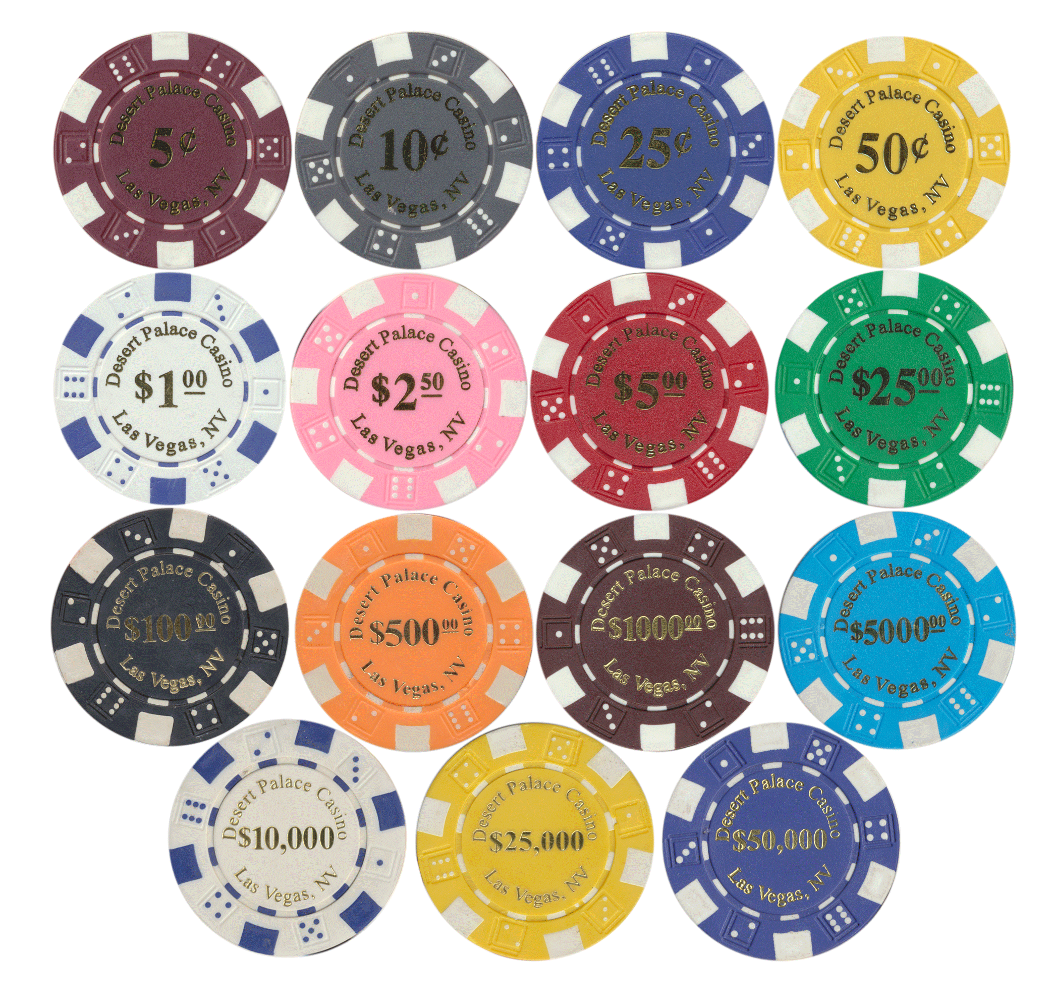 11.5gram Desert Palace Casino Poker Chip in various denominations Set of 25