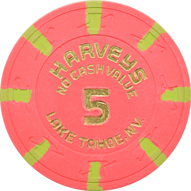 Harvey's Casino Lake Tahoe Nevada $5 No Cash Value Pink with Edge Spots Chip 1990