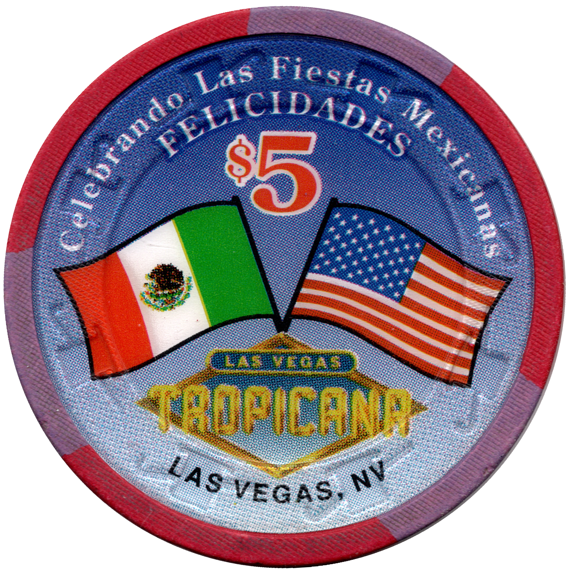 Tropicana Casino Las Vegas Nevada $5 Felicidades Mexicanas Chip