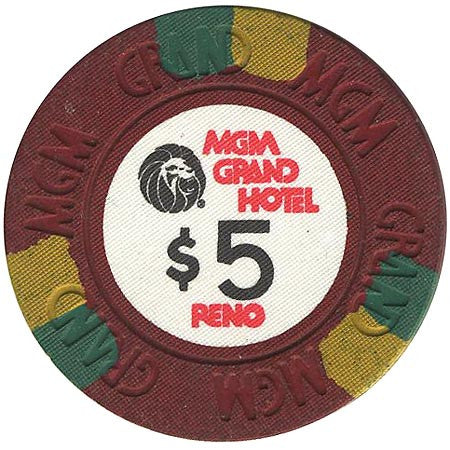 MGM Grand Casino $5 burgundy (3-yellow/green inserts) chip - Spinettis Gaming - 1