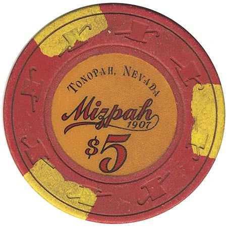Mizpah Hotel $5 red (3-yellow inserts) chip - Spinettis Gaming - 1