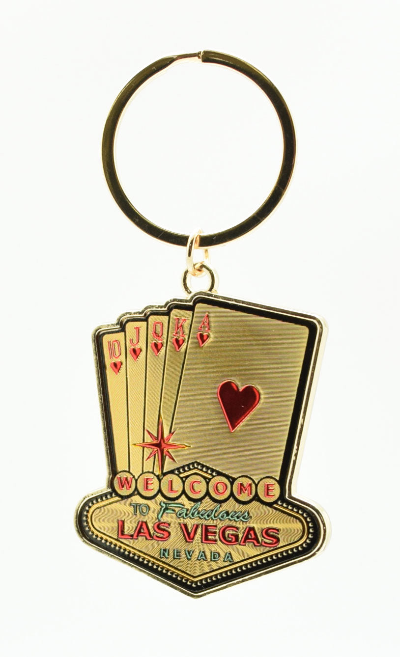 Key Chain - Las Vegas Sign With Royal Flush Gold Laser Foil